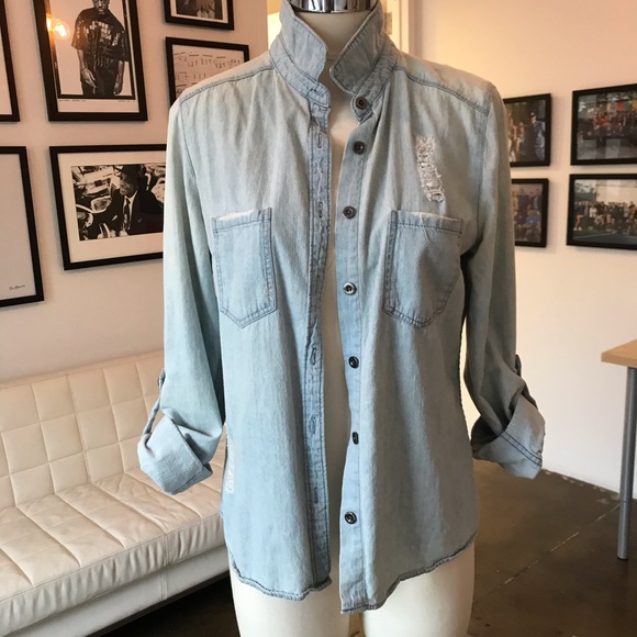 Forever 21 Tops - Light wash distressed denim shirt